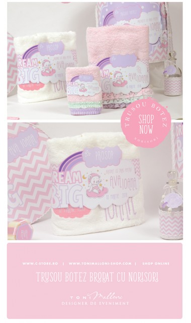 Trusou de botez personalizat si brodat cu norisori pufosi si ursuleti pentru fete, Dream big little girl 14
